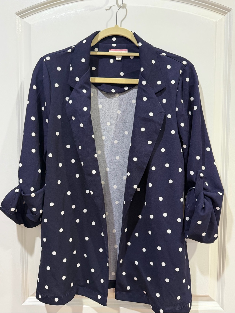 ANDREE BY UNIT Navy and White Polka Dot Open-Front Blazer